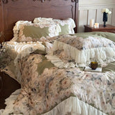 YICKYUE - Vintage french flower bedding set,full queen king retro fairyfair ruffled green home textile bed sheet pillow case quilt cover