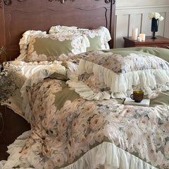 YICKYUE - Vintage french flower bedding set,full queen king retro fairyfair ruffled green home textile bed sheet pillow case quilt cover