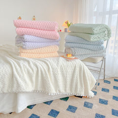 Yickyue Pom Pom Blanket Solid Soft Fleece Pompom Fringe Blanket for Bed Sofa Decorative Cozy Plush Warm Velvet Tassel Throw Blanket