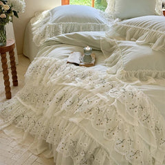 YICKYUE - Three-layer Floral Lace Ruffles Wedding Bedding Set 1000TC Egyptian Cotton Brushed Duvet Cover Flat/Fitted Bed Sheet Pillowcase