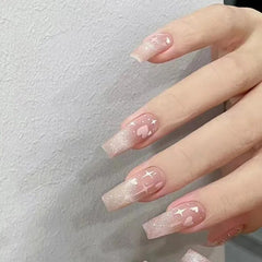 Yickyue 24pcs Mid Length False Nail Ins Star Heart Design Pink Fake Nails Patch Korean Sweet Girl Coffin Artificial Acrylic Nail Tips