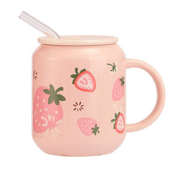 New Creative Cute Fruit Ceramic Mug With Straw Ins Style Strawberry Cup Water Bottle for Girls Couple Porcelain Mugs Coffee Cups