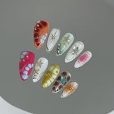YICKYUE - 10pcs Handmade y2K Press on Nails Sweet Cool Crocodile pattern Almond Fake Nail Tips Wearable Ins Blush Spice Girls False Nails