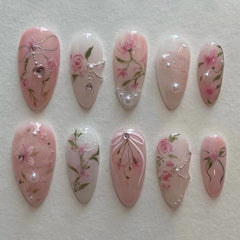 YICKYUE - 24pcs Summer Pink Rose Press on Nails 3D Pearl Decor Almond False Nail Patch for Girl Lady Wearable Full Cover Fake Nail Tips