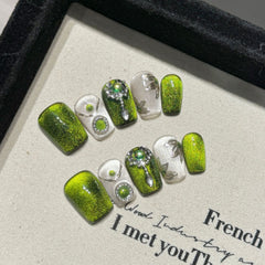 YICKYUE - 10pcs Luxury Handmade French Almond Press On Nails Dark Green Cat's Eye Design Fake Nails Rhinestone Decor Wearable False Nail