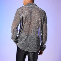 Hearujoy Spring Summer Fashion Men Long Sleeve Drop Shoulder Shirts Nightclub Perspective Mesh Cardigan Tops Sexy Shirt Streetwear