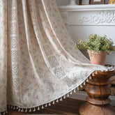 Boho Curtains Semi-Blackout Crochet Patchwork Floral Print Cotton Linen with Tassels Rod Pocket Window Drapes for Living Bedroom