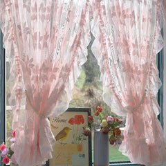 YICKYUE - Korean Beautiful Romantic Pink Flower Ruffled Sheer Tulle Curtain Rod Pocket For Bedroom Princess Room Wedding Home Decor