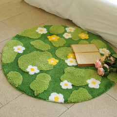 YICKYUE - Green Moss Daisy Round Rug Aesthetic Home Soft Carpet Kids Room Non-Slip Computer Chair Floor Mats Thick Tufted Rug Bedroom