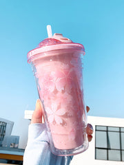 Kawaii Purple Pink Cherry Blossom Folding Straw Plastic Water Cup Cute Girl Student Portable Sealed Large Capacity Double Layer