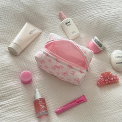 YICKYUE - New Bow Cosmetic Bag Pink Flower Makeup Organizer Skincare Perfect Gift Washing Bag For Travel Cosmetics Storage Bag