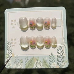 YICKYUE - Green Cat's Eye Tulip Wearable Nail Pieces Light Therapy Handmade False Nails Wearing Finished Nails Artistic Patch Decoration
