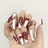 24pcs Long Coffin False Nails Wearable Bow Matte Full Cover Fake Nails Press On Nails Red Graffiti Supplies Artificial Nail Tip