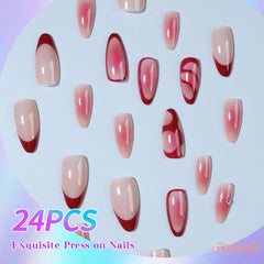 YICKYUE - 24pcs medium long almond nail fake nails, red stripe flash drill blonds bright face fake nails, white full cover fake nails, 202