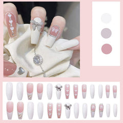 24PCS Japanese Press On Nails Box Silver Ladder drill extended round head Full drill Manicure patch removable False nails TY