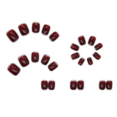 24Pcs Shiny Short Square False Nail With Sticker Wine Red Classic French Artificial Fake Nails DIY Full Cover Tips Manicure Tool