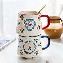450/220/350ml Cherry Coffee Milk Breakfast Cup With Handle Ceramic Lovers Mugs Tumblers office Home Drinkware Tool