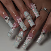 YICKYUE - 24pcs 3D French Fake Nails Pink Bow Design Blue French Press on Nails Full Cover Wearable Cat Crystal Long Ballet False Nails