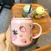 400ML Creative Cute Fruit Ceramic Mug With Straw Ins Style Strawberry Cup Water Bottle for Girls Couple Porcelain Mug Coffee Cup