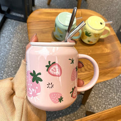 400ML Creative Cute Fruit Ceramic Mug With Straw Ins Style Strawberry Cup Water Bottle for Girls Couple Porcelain Mug Coffee Cup