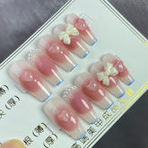 Yickyue Handmade Sweet Long Fake Nail Girl French Bow Tie Pink Gradient Smudge Pearls Design With Glue Nail Art Press on Tip 1Set/10pc
