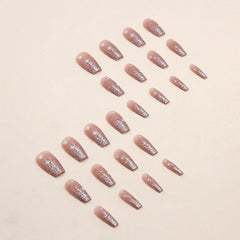 Yickyue 24pcs Mid Length False Nail Ins Star Heart Design Pink Fake Nails Patch Korean Sweet Girl Coffin Artificial Acrylic Nail Tips