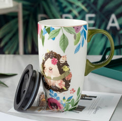 Large capacity mug with spoon ceramic high cup coffee cup lovely girl couple water cup office painting