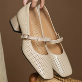 YICKYUE - Plus size 34-41 women's hollow-out sheepskin sweet bowtie metal buckle slip-on pumps 4cm thick med heel elegant ladies heels hot
