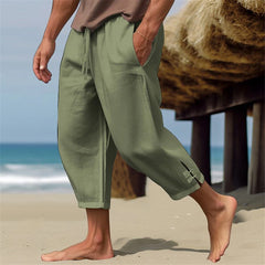 Hearujoy Summer Mens Linen Cropped Pants Oversize Loose Feet Forked Pencil Pant Fashion Casual Pantalones Beach Trousers Streetwear