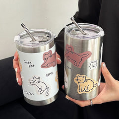 YICKYUE - 304 Stainless Steelvacuum Flasks Cats Dogs New Straw Cup Home Large Capacity Office Coffee Car Girl Boy Drinking Cups Gift