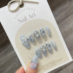 Yickyue 10Pcs Set Blue Handmade Press On Nails Snowflakes Ballet with Rhinestones False Nails Decoration Manicure Fake Nails Tips Art