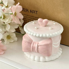 YICKYUE - Creative Bow Ceramic Pearl Jewelry Box Cute Painted Tabletop Trinket Holiday Gift Girl Cosmetics Storage Jar Home Decoration New