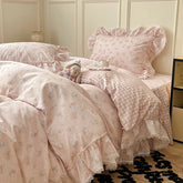YICKYUE Korean Princess Style Ruffles Flower Print Bedding Set Duvet Cover Set Bed Skirt Bedspread Pillowcases 100% Cotton Home Textile