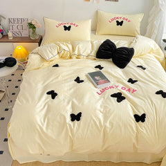 Yickyue Korea Ins Yellow Bedding Set With Black Butterfly Soft Wash Cotton Quilt Cover Bed Sheet Girls Kids Decor Home Textiles