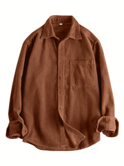 HEARUJOY - Men's Casual Corduroy Long Sleeve Shirt - Solid Color, Button Detail, Single Breasted, Loose Fit - Polyester 100%, Non-Stretch Fabric, 270gsm, Acetate Lining, Lapel Collar, Woven Placket, Weeke