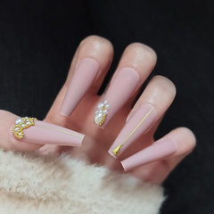 24Pcs Pearl French False Nails Nude Long Ballerina Nail Decorat Art Bride Wedding Rhinestone Acrylic Coffin Fake Nails with Glue