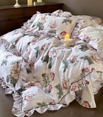 Yickyue - Romantic fairyfair ruffle flower rose bedding set,full queen king rustic cotton home textile bed sheet pillow case quilt cover