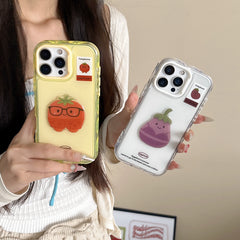 YICKYUE - Korean ins Cute 3D Eggplant Glasses Tomato Phone Case for iPhone 16 15 14 13 Pro Max Back Cover Fund