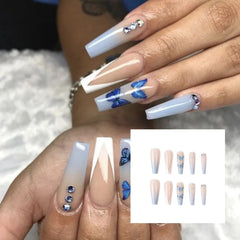 24Pcs/Set Blue Butterfly French Wearing Ballerina Manicure Fake Nail Patch Press On Full Coverage Acrylic Long False Nails Tips