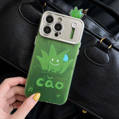 YICKYUE - Green Cartoon Grass Shell For Iphone 13 14Pro 14 15 12 Pro Max 15Pro Beautiful Chinese Language Funny 3D Plating Phone Case
