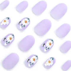 Yickyue Hand-painted Daisy Flowers Bee Nail Art Purple Color False Nails Fashion Detachable Finished Fake Nails Press on Nails with Glue