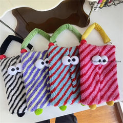 Yickyue Cute Eye Diagonal Stripes Paper Bag Hanging Polar Fleece Tissue Napkin Holder Tissue Bag Bedroom Kitchen Desktop Storage Napkins