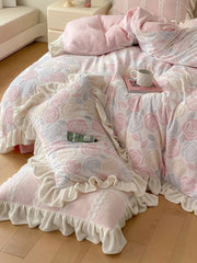 Yickyue New Winter Rose Velvet Bedding Set Romantic Lace Ruffles Comforter Sets Fluffy Milk Velvet Duvet Cover Set Eldense Bed Sheet