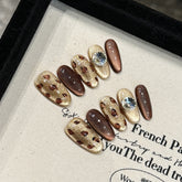 YICKYUE - 10pcs Handmade Shimmery Brown Cat's Eye Press On Nail Glossy Diamond Leopard Print False Nails Reusable Wearable Fake Nail Tips