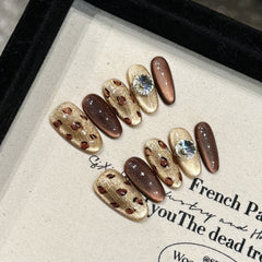YICKYUE - 10pcs Handmade Shimmery Brown Cat's Eye Press On Nail Glossy Diamond Leopard Print False Nails Reusable Wearable Fake Nail Tips