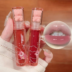 Yickyue Crystal-frozen Glossy Lip Glaze Cute Pink Bear Lip Gloss Glossy Mirror White Nude Lipstick Doodle Lip Makeup Korean Makeup