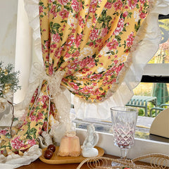 YICKYUE - Yellow Retro Curtain French Cotton Floral Curtain Elegant Lace Decor Atmosphere Kitchen Bathroom Partition Balcony Small Curtain