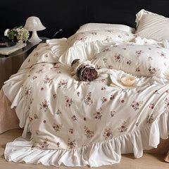 Yickyue 100% Cotton French Romantic Lace Ruffles Vintage Rose Flower Bedding Set Queen King Duvet Cover Flat/Fitted Bed Sheet Pillowcase