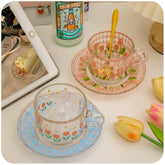Korea Nordic Tulip Transparent Glass Coffee Cup Flower Coffee Cup Saucer Flower Glass Afternoon Tea Water Cup Saucer Drinkware