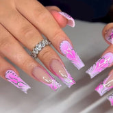 YICKYUE - Punk Silver Line Symbol French Blush Halo Dye Love Long Ballet Nail Full Finished False Fake Art Nail Glue Manicure Charm Woman